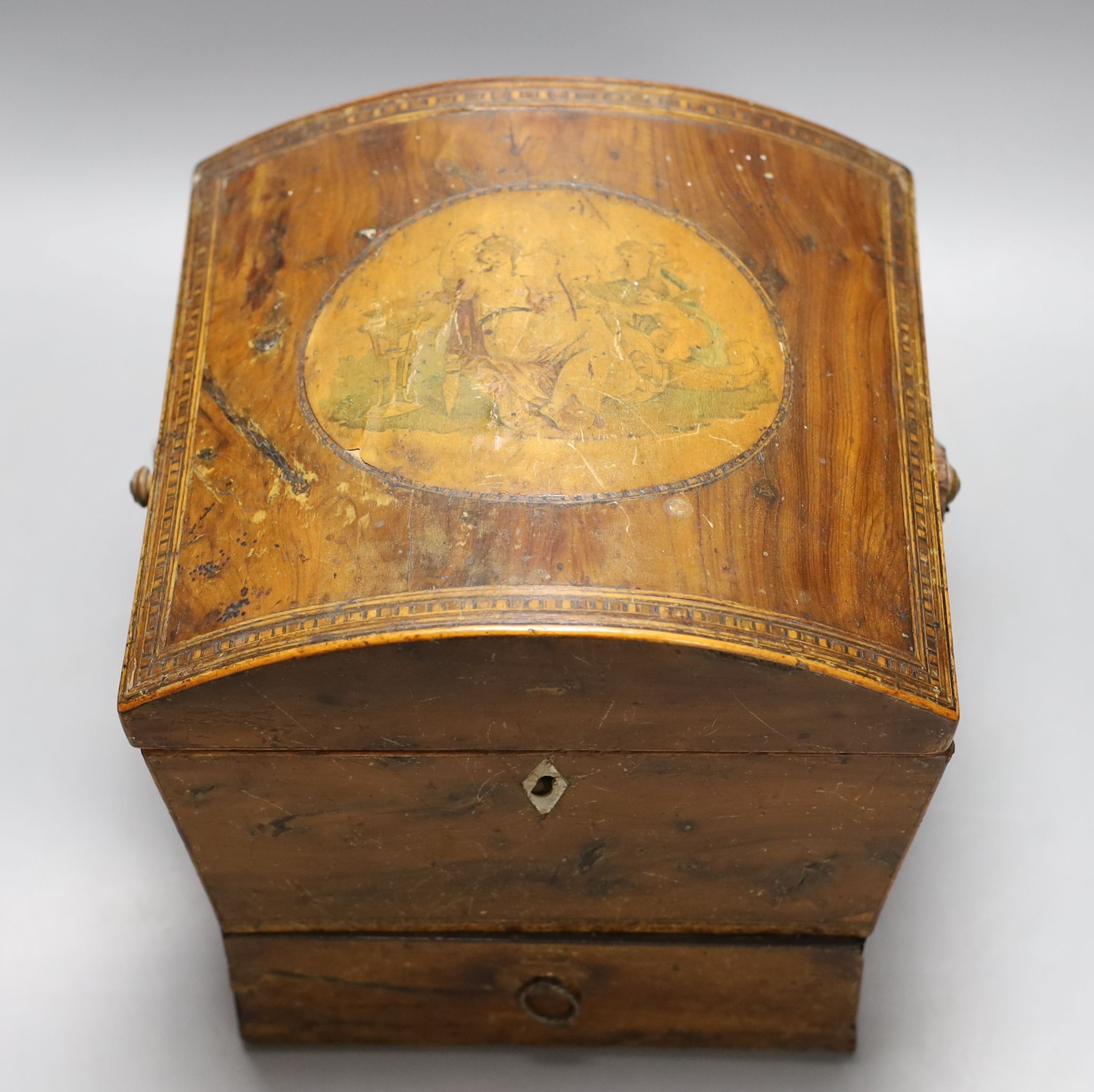 A Regency inlaid mahogany domed topped sewing basket, with swing handle over - 23cm high